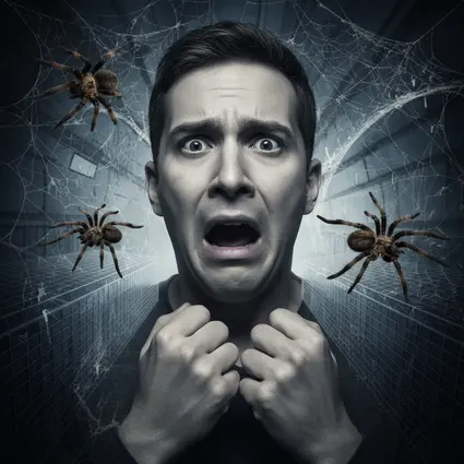 Das Bild zeigt eine Person mit einer Phobie vor Spinnen. Phobien sind Angststörungen.