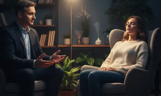 Das Bild zeigt einen Hypnotiseur der eine Klientin in eine Regression versetzt um Probleme zu lösen.